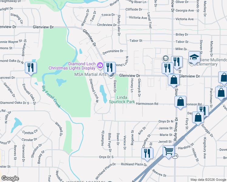 map of restaurants, bars, coffee shops, grocery stores, and more near 6421-6401 Harmonson Road in North Richland Hills