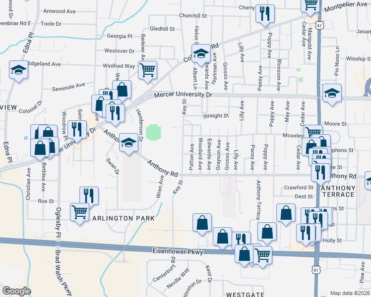 map of restaurants, bars, coffee shops, grocery stores, and more near 832 Key Street in Macon