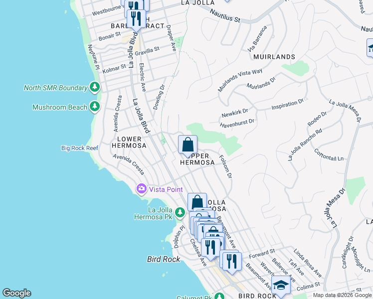 map of restaurants, bars, coffee shops, grocery stores, and more near 621 Mira Monte in San Diego