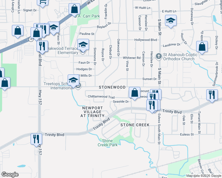 map of restaurants, bars, coffee shops, grocery stores, and more near 4008 Juniper Court in Euless
