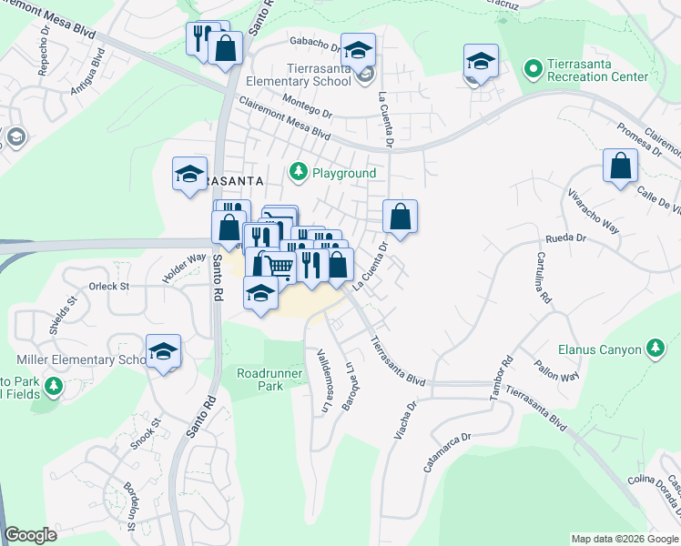 map of restaurants, bars, coffee shops, grocery stores, and more near 10839 Carbet Place in San Diego