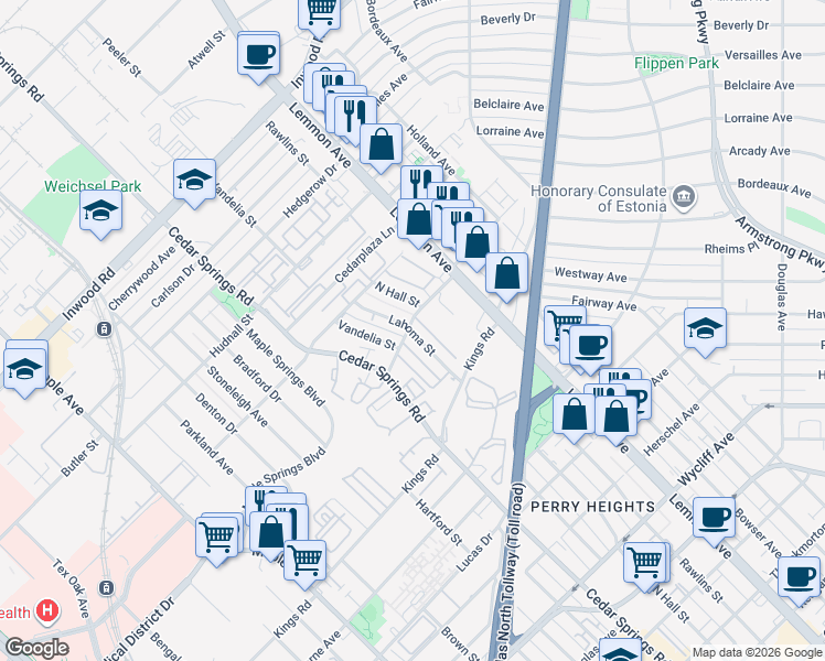 map of restaurants, bars, coffee shops, grocery stores, and more near 3116 Mahanna Street in Dallas
