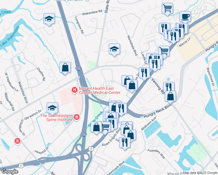 map of restaurants, bars, coffee shops, grocery stores, and more near 1412 Rosewood Lane in Mount Pleasant