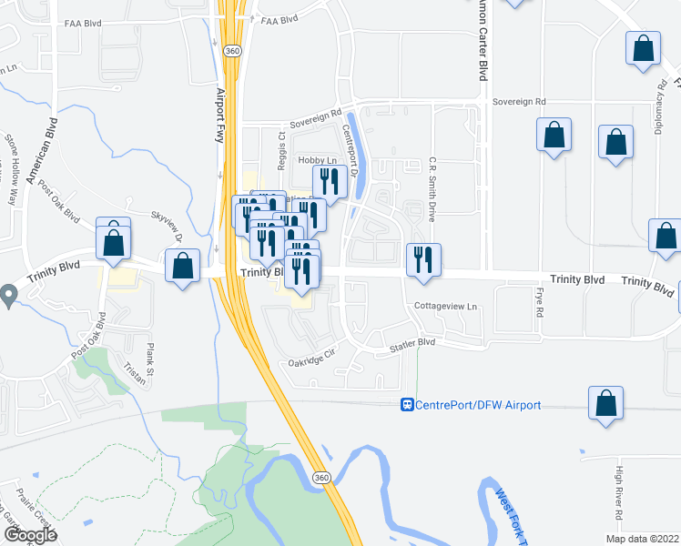 map of restaurants, bars, coffee shops, grocery stores, and more near Trinity Blvd & Centreport Dr in Fort Worth