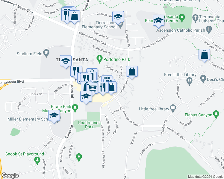 map of restaurants, bars, coffee shops, grocery stores, and more near 10809 Escobar Drive in San Diego