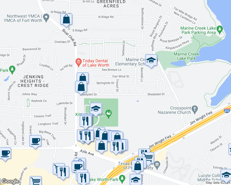 map of restaurants, bars, coffee shops, grocery stores, and more near 4505 Trysail Drive in Fort Worth