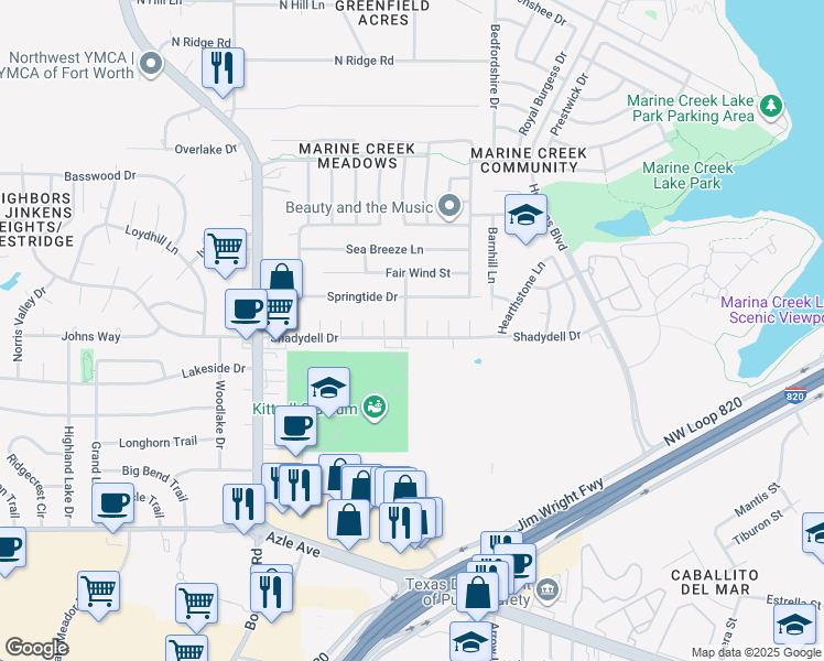map of restaurants, bars, coffee shops, grocery stores, and more near 4504 Trysail Drive in Fort Worth
