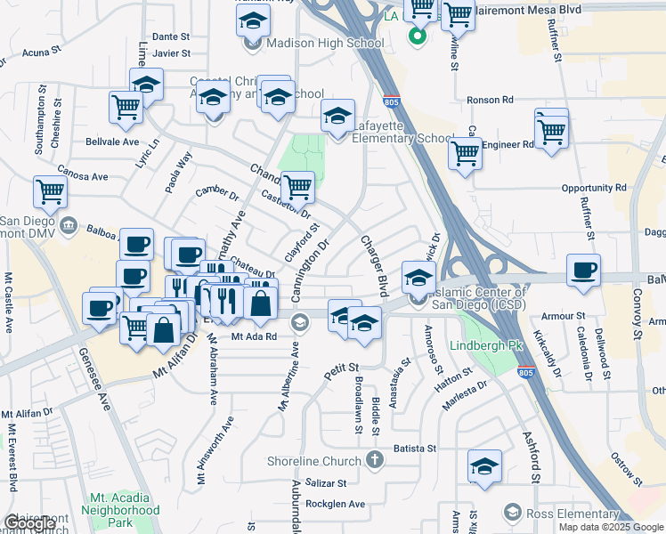 map of restaurants, bars, coffee shops, grocery stores, and more near 6263 Charing Street in San Diego