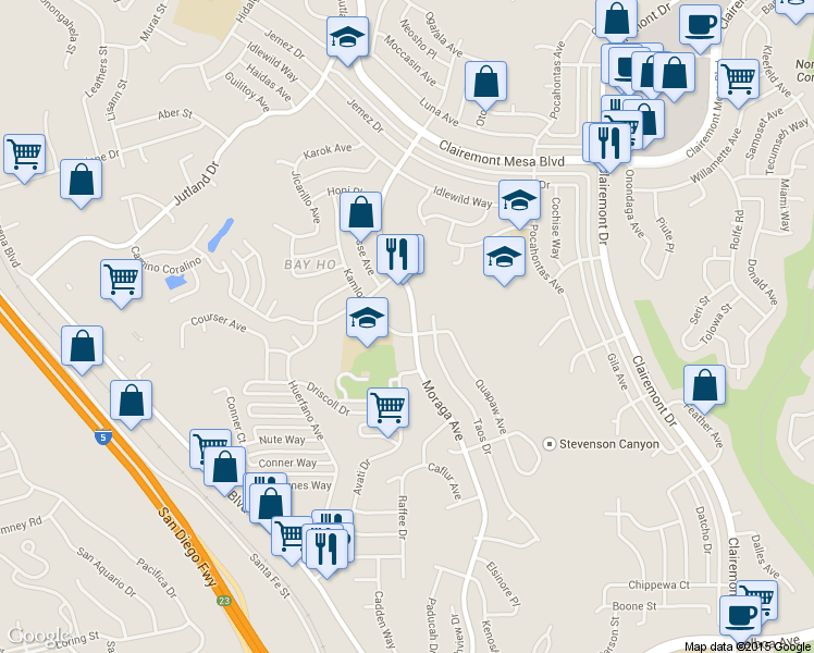 map of restaurants, bars, coffee shops, grocery stores, and more near 4330 Moraga Avenue in San Diego