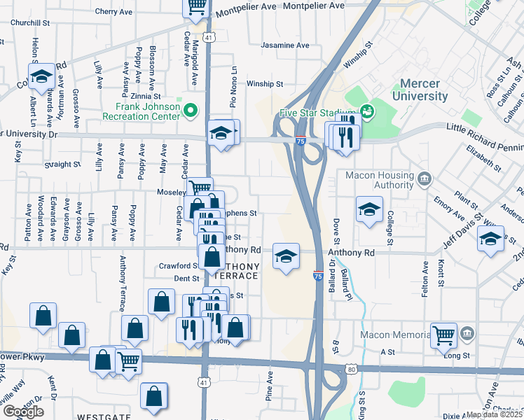 map of restaurants, bars, coffee shops, grocery stores, and more near 2095 Lincoln Street in Macon