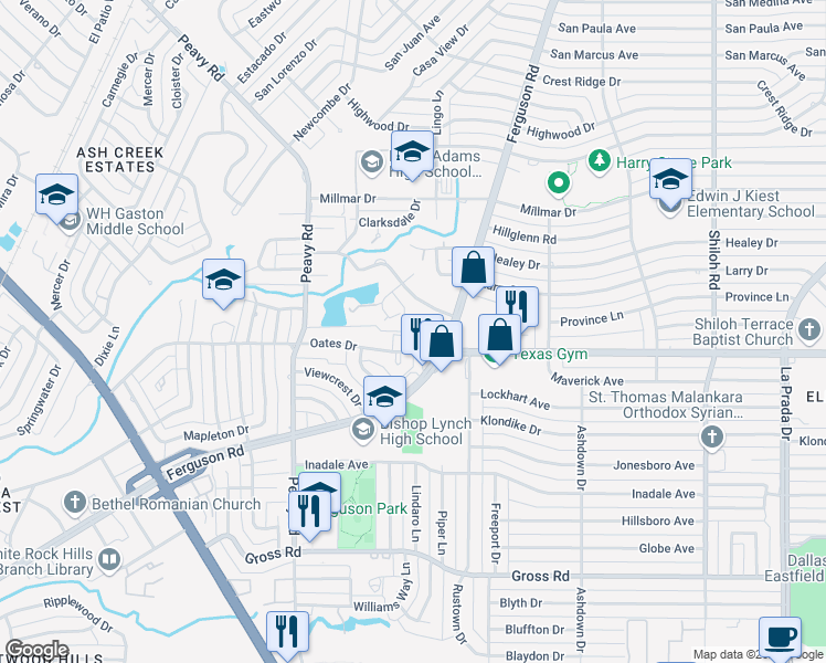 map of restaurants, bars, coffee shops, grocery stores, and more near 2127 Oates Drive in Dallas