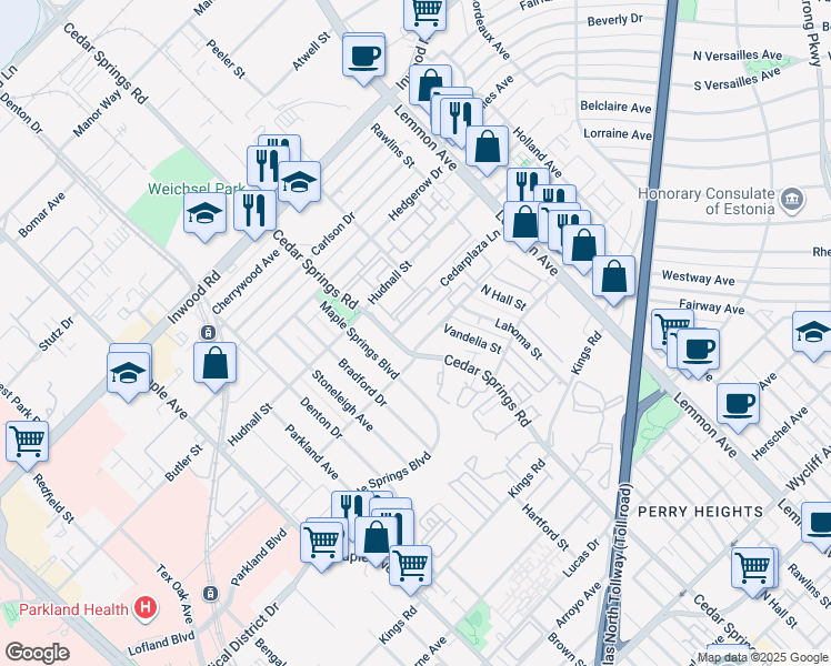 map of restaurants, bars, coffee shops, grocery stores, and more near 5128 Cedar Springs Road in Dallas