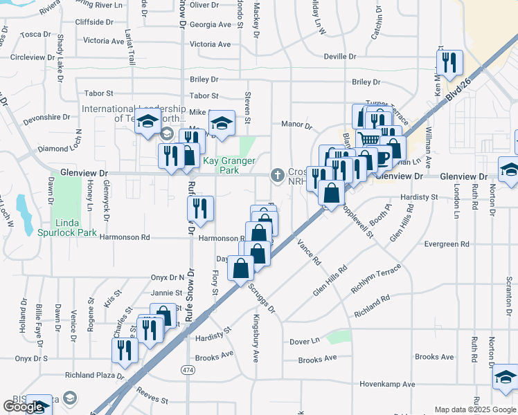 map of restaurants, bars, coffee shops, grocery stores, and more near 3921 Scruggs Drive in Fort Worth