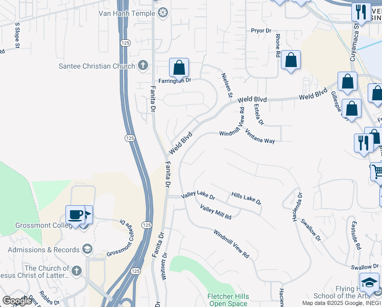 map of restaurants, bars, coffee shops, grocery stores, and more near 2528 Windmill View Road in El Cajon