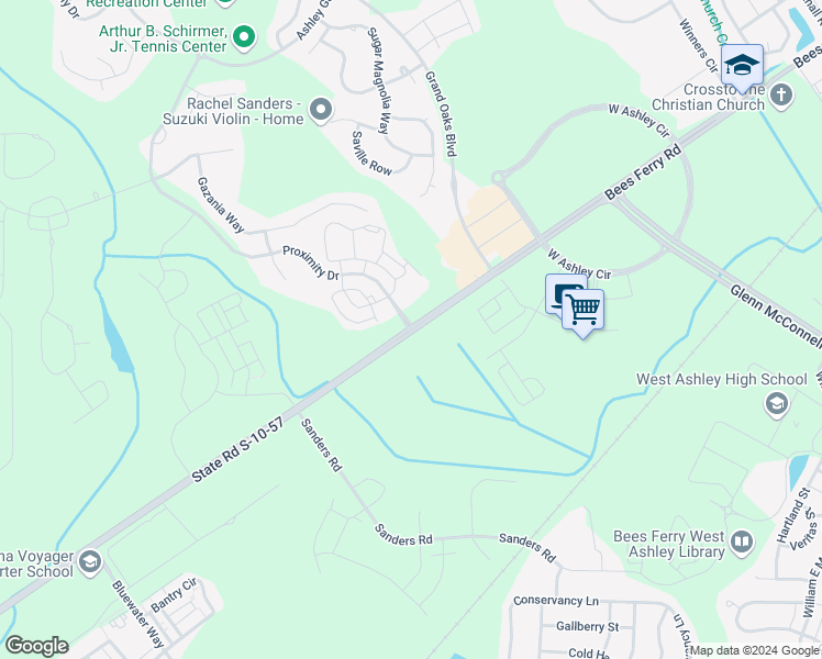 map of restaurants, bars, coffee shops, grocery stores, and more near State Road S-10-57 in Charleston
