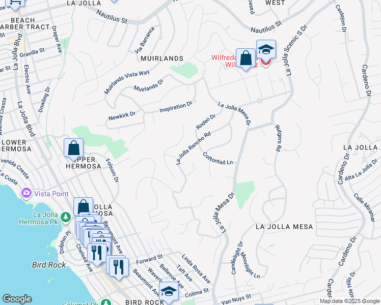map of restaurants, bars, coffee shops, grocery stores, and more near 1253 La Jolla Rancho Road in San Diego