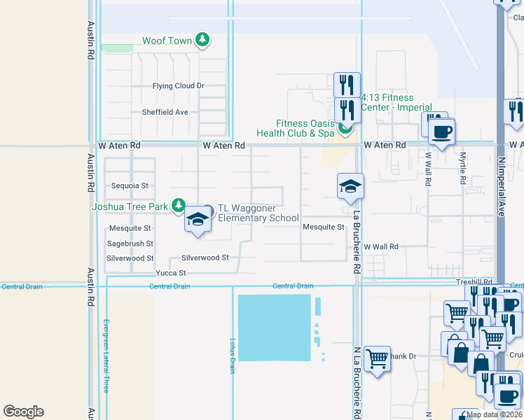 map of restaurants, bars, coffee shops, grocery stores, and more near 575 Mesquite Street in Imperial