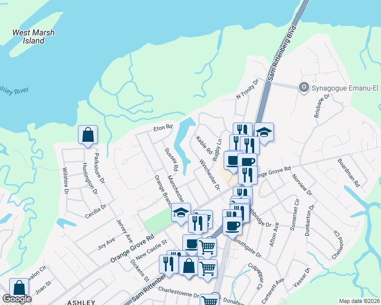 map of restaurants, bars, coffee shops, grocery stores, and more near 71 Shrewsbury Road in Charleston