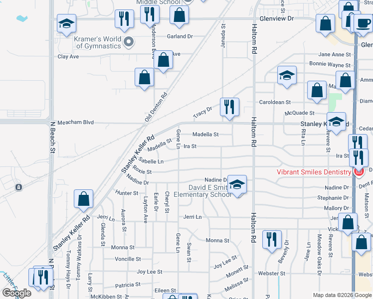 map of restaurants, bars, coffee shops, grocery stores, and more near 4800 Sabelle Lane in Fort Worth