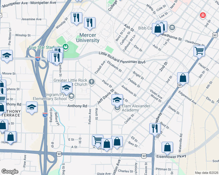 map of restaurants, bars, coffee shops, grocery stores, and more near 1942 Jeff Davis Street in Macon