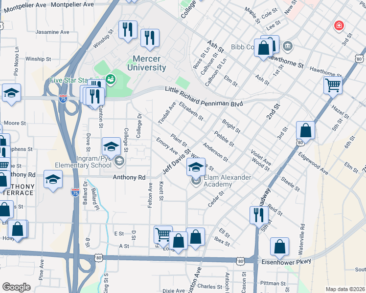 map of restaurants, bars, coffee shops, grocery stores, and more near 1942 Jeff Davis Street in Macon