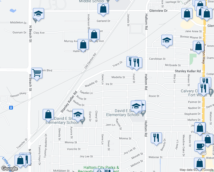 map of restaurants, bars, coffee shops, grocery stores, and more near 4808 Ira Street in Fort Worth