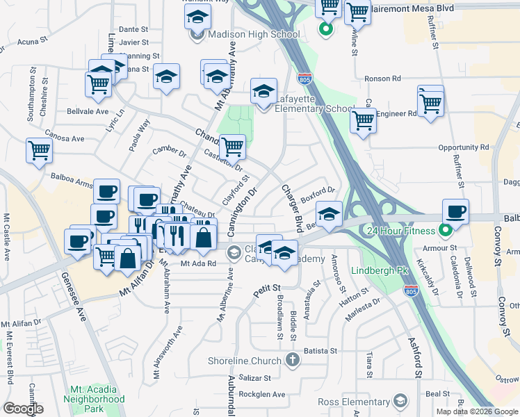 map of restaurants, bars, coffee shops, grocery stores, and more near 6263 Charing Street in San Diego