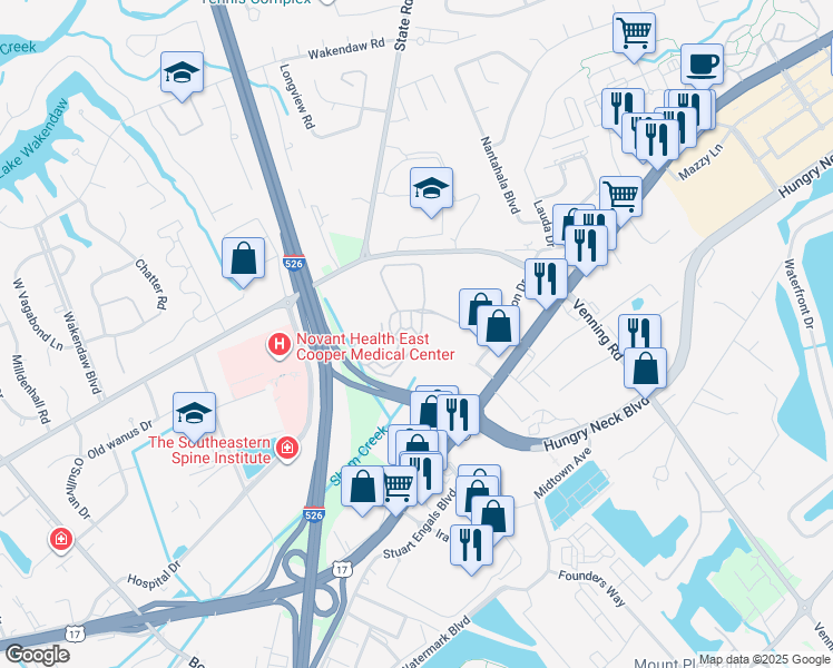 map of restaurants, bars, coffee shops, grocery stores, and more near 1412 Rosewood Lane in Mount Pleasant