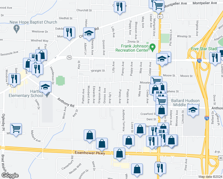 map of restaurants, bars, coffee shops, grocery stores, and more near 750 Lilly Avenue in Macon