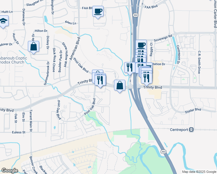 map of restaurants, bars, coffee shops, grocery stores, and more near 13950 Trinity Boulevard in Euless