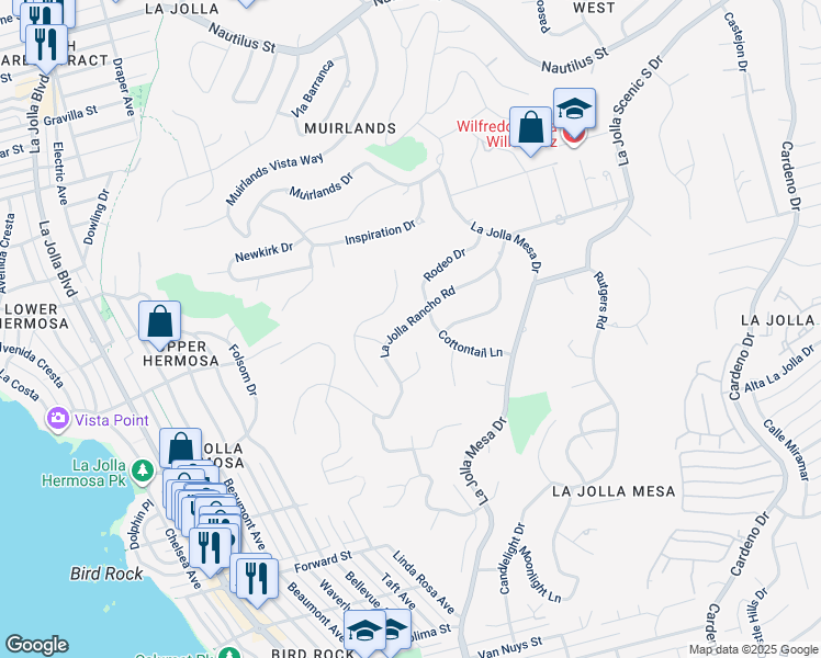 map of restaurants, bars, coffee shops, grocery stores, and more near 1253 La Jolla Rancho Road in San Diego
