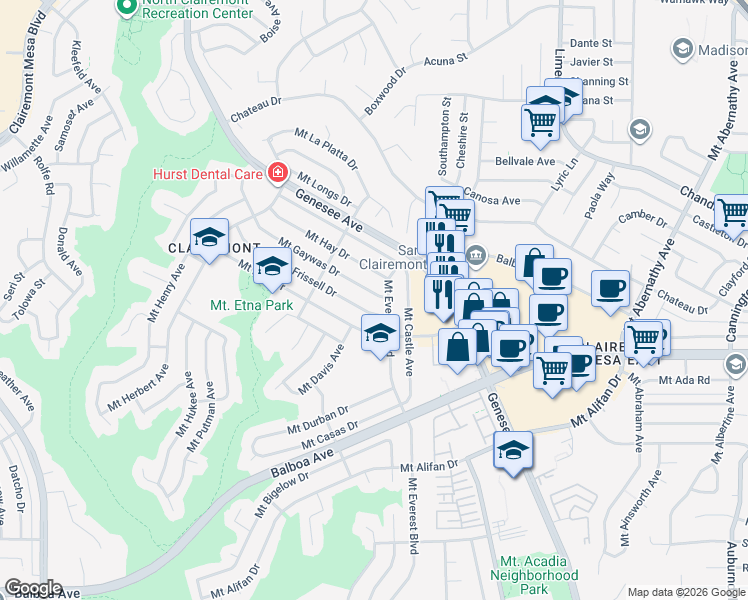 map of restaurants, bars, coffee shops, grocery stores, and more near 4986 Mount Gaywas Drive in San Diego