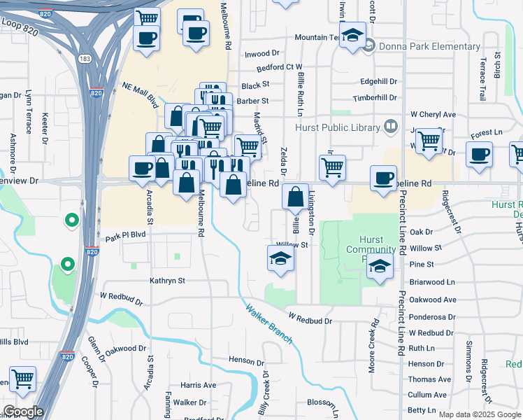 map of restaurants, bars, coffee shops, grocery stores, and more near 764 Castle Drive in Hurst