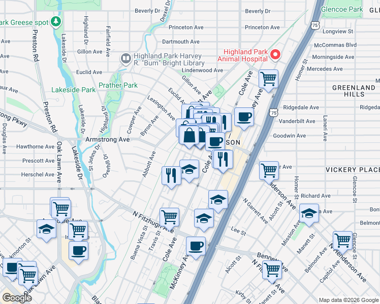 map of restaurants, bars, coffee shops, grocery stores, and more near 3410 Armstrong Avenue in Dallas