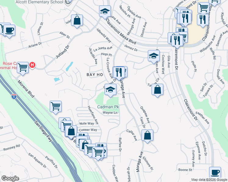 map of restaurants, bars, coffee shops, grocery stores, and more near 4395 Kamloop Avenue in San Diego