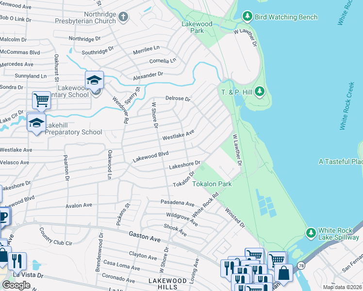 map of restaurants, bars, coffee shops, grocery stores, and more near 7040 Westlake Avenue in Dallas