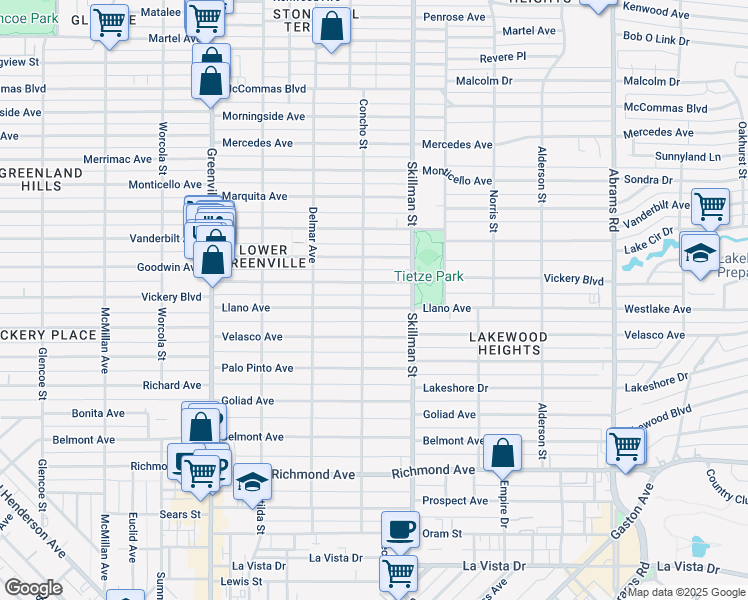 map of restaurants, bars, coffee shops, grocery stores, and more near 6003 Vickery Boulevard in Dallas
