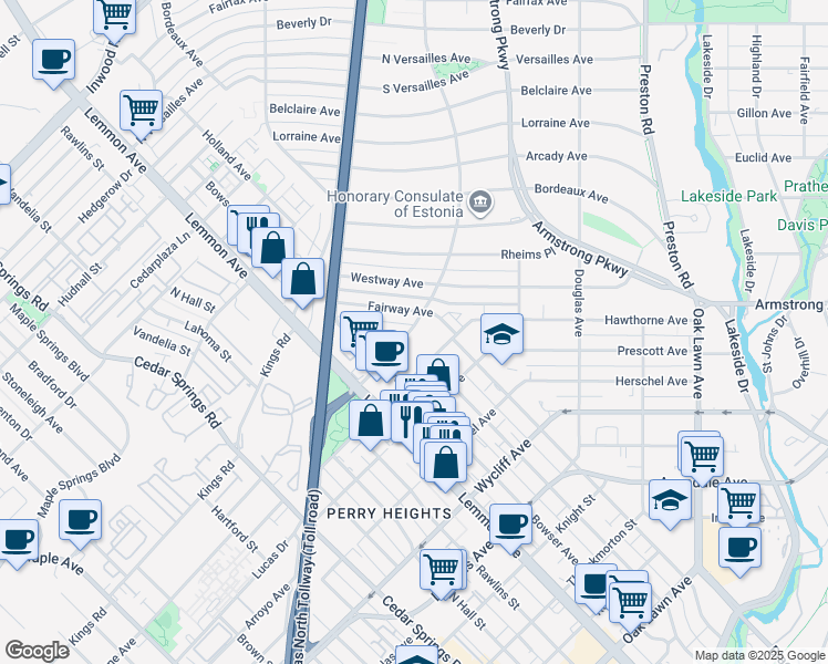 map of restaurants, bars, coffee shops, grocery stores, and more near 4301 Lomo Alto Drive in Dallas