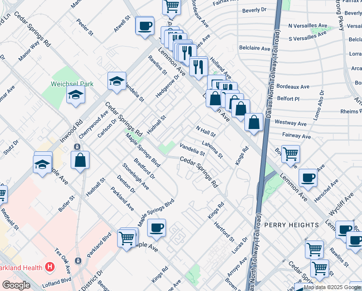 map of restaurants, bars, coffee shops, grocery stores, and more near 5152 Lahoma Street in Dallas