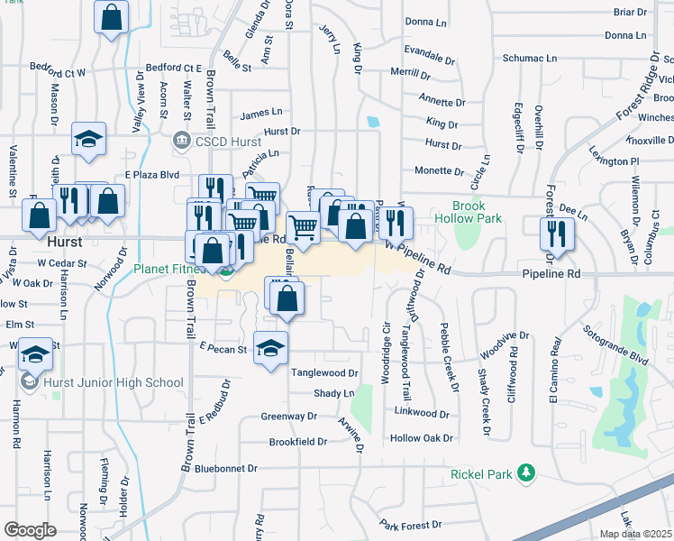 map of restaurants, bars, coffee shops, grocery stores, and more near 724 East Pipeline Road in Hurst