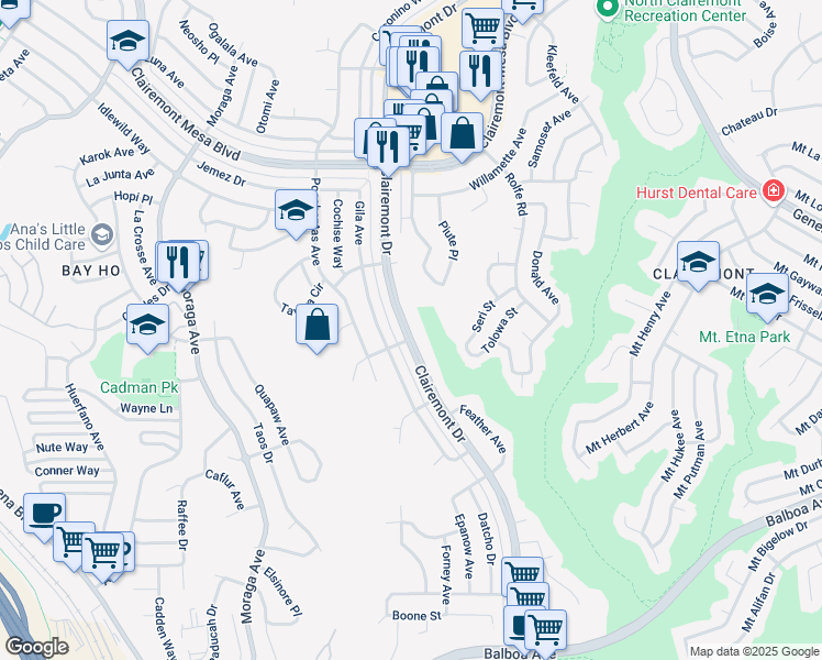 map of restaurants, bars, coffee shops, grocery stores, and more near 4415 Clairemont Drive in San Diego