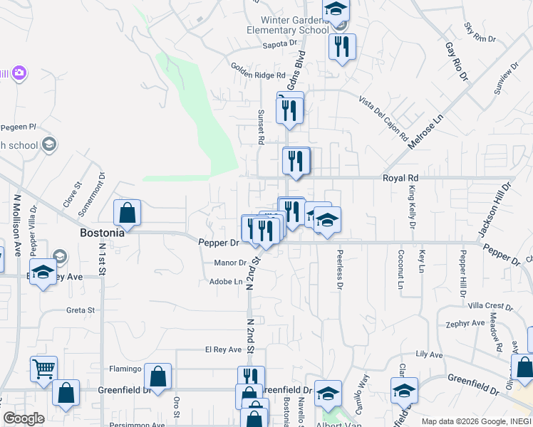map of restaurants, bars, coffee shops, grocery stores, and more near 8018 Winter Gardens Boulevard in El Cajon