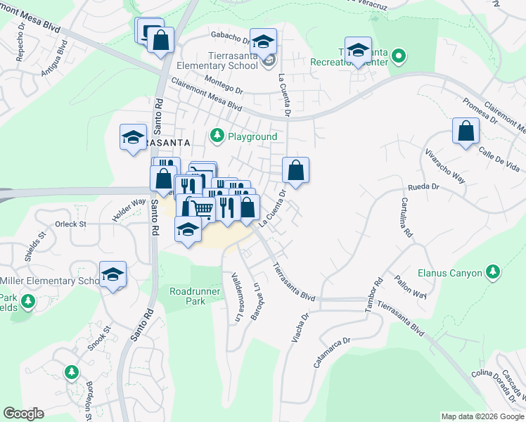 map of restaurants, bars, coffee shops, grocery stores, and more near 5045 Abuela Drive in San Diego