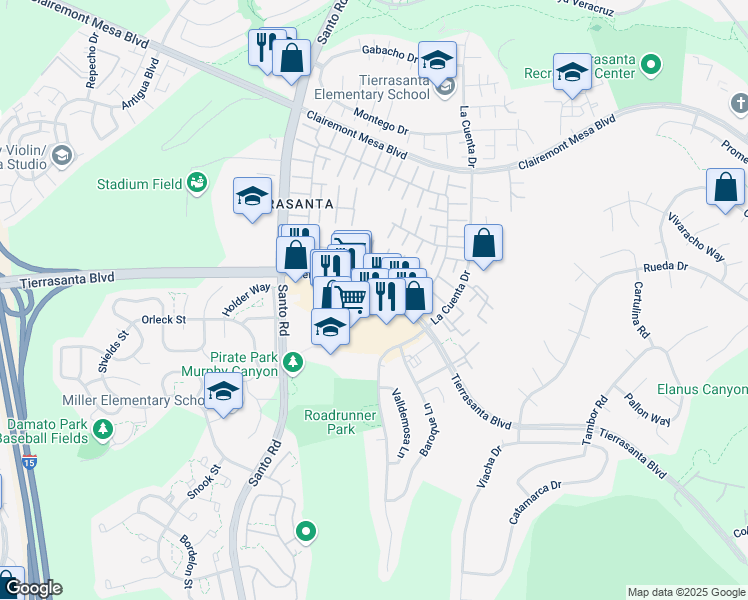 map of restaurants, bars, coffee shops, grocery stores, and more near 10633 Tierrasanta Boulevard in San Diego