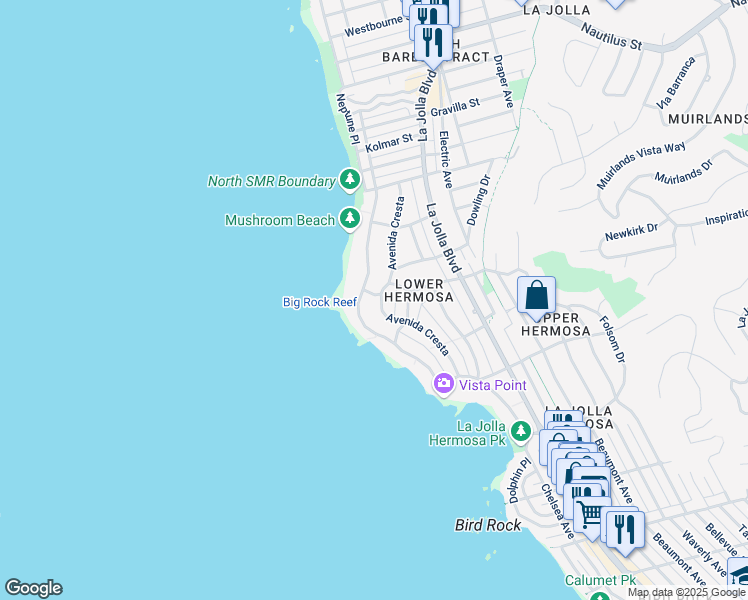 map of restaurants, bars, coffee shops, grocery stores, and more near 225 Via Del Norte in San Diego