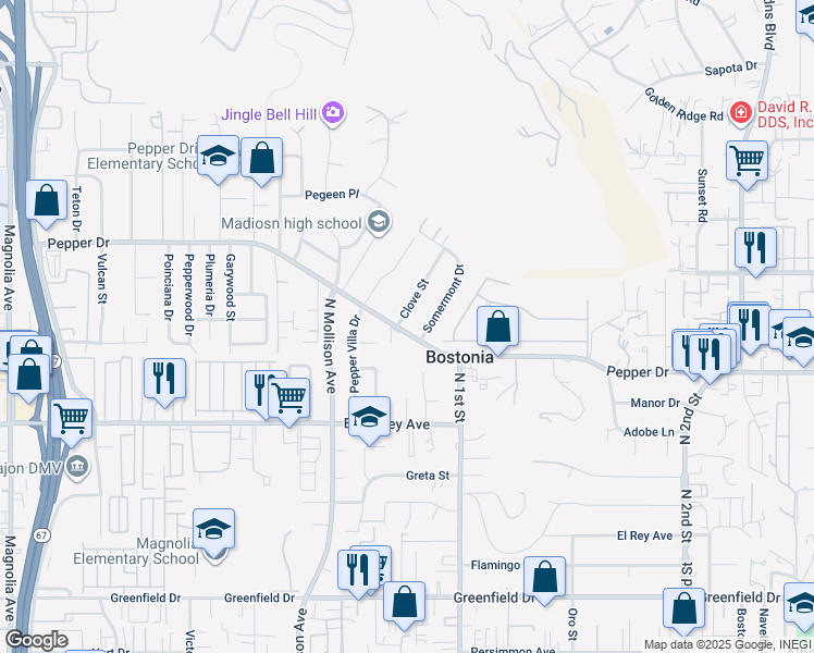 map of restaurants, bars, coffee shops, grocery stores, and more near 1301 Clove Street in El Cajon