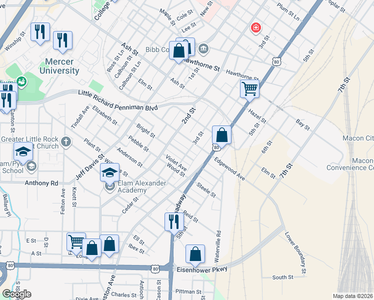 map of restaurants, bars, coffee shops, grocery stores, and more near 522 Edgewood Avenue in Macon