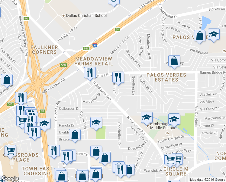 map of restaurants, bars, coffee shops, grocery stores, and more near 4213 Pear Trail in Mesquite
