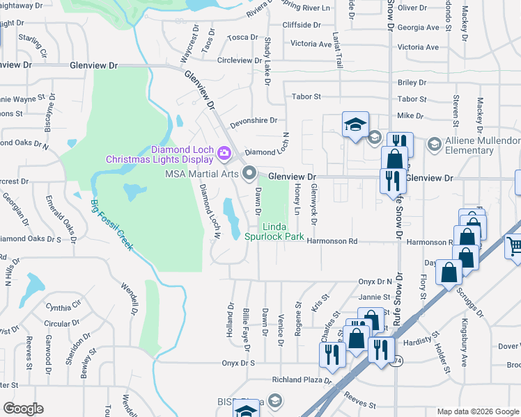 map of restaurants, bars, coffee shops, grocery stores, and more near 6421 Harmonson Road in North Richland Hills