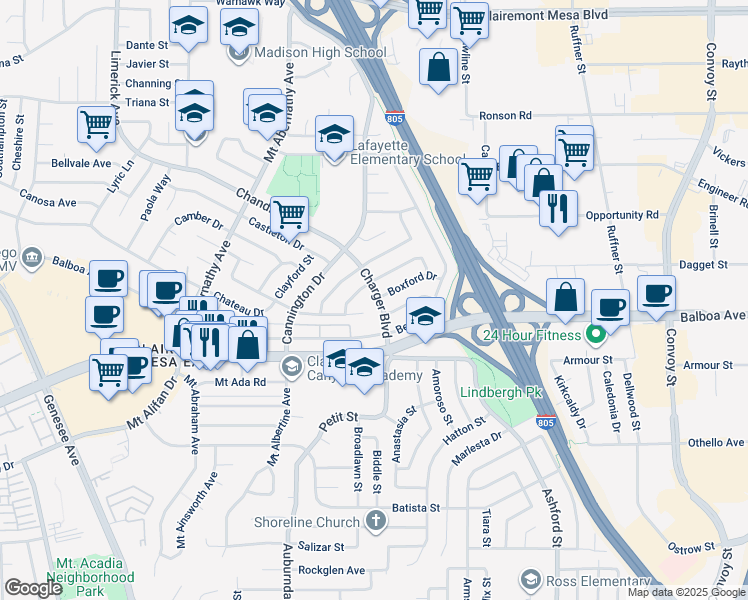 map of restaurants, bars, coffee shops, grocery stores, and more near 4410 Charger Boulevard in San Diego